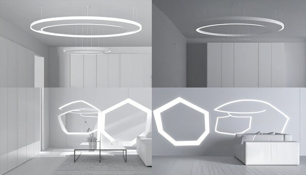 Minimalist living room with white sofa, glass coffee table and geometric LED ceiling light, futuristic interior design concept with symmetry and elegant decor visuals