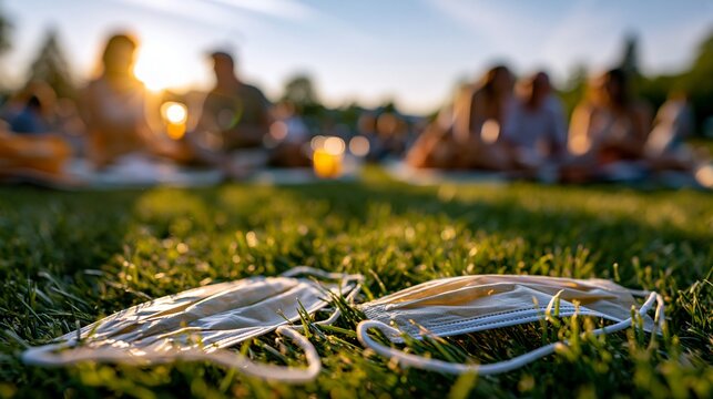Eine wei&szlig;e Atemschutzmaske liegt im Vordergrund auf gr&uuml;nem Gras, w&auml;hrend im Hintergrund Menschen bei Sonnenuntergang sitzen.