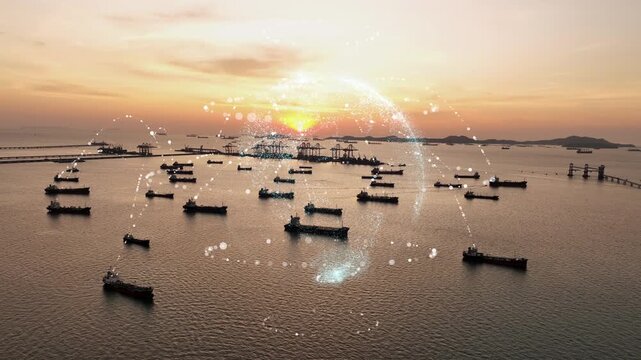 Glowing digital network dome and connection lines overlaid on a fleet of cargo ships at a busy commercial port during sunset. Smart maritime logistics, global trade connectivity, and IoT supply chain 