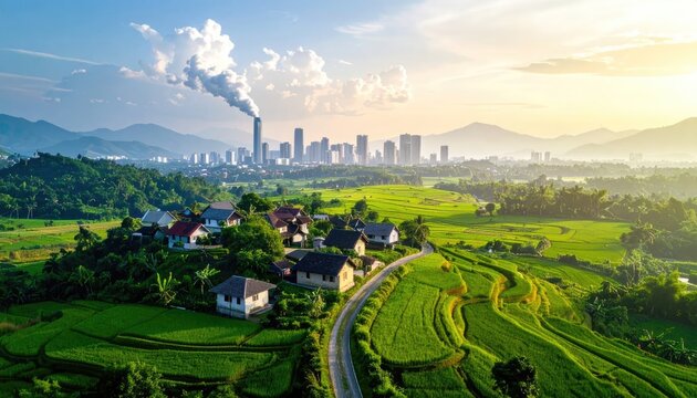 Scenic landscape with houses fields mountains and industrial city backdrop