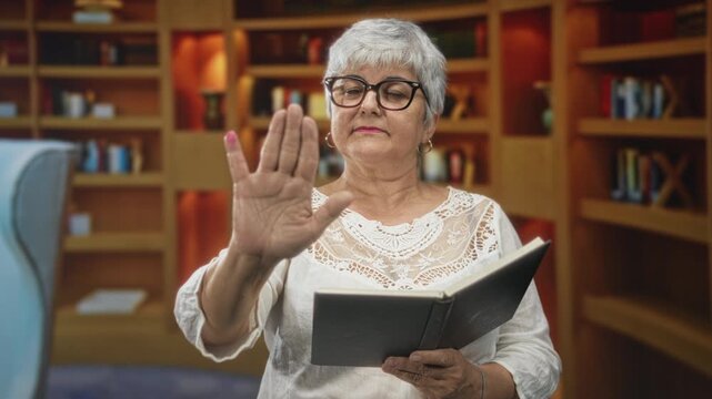 Woman reader holds open book with palm raised in stop gesture in library building; authority silence focus.