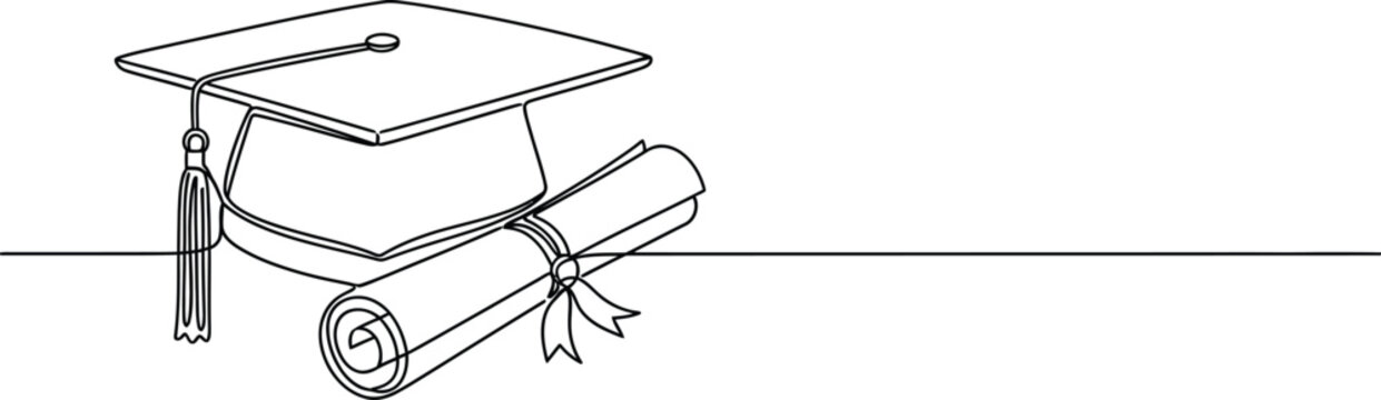 Graduation cap and diploma scroll drawn in a continuous single line art style for academic achievement and education concepts