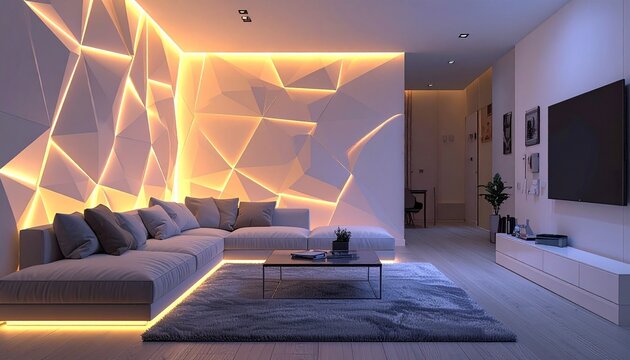 Modern living room with geometric wall design illuminated by warm recessed LED lighting, sectional sofa and minimalist decor concept for futuristic interior visuals