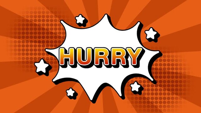 Hurry text word lettering popup comic cartoon reveal with bomb and smoke explosion manga anime book page dots with radial speed lines doodle orange background with seamless loop animation retro