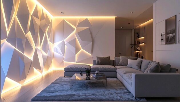 Modern living room with geometric wall design illuminated by warm recessed LED lighting, sectional sofa and minimalist decor concept for futuristic interior visuals