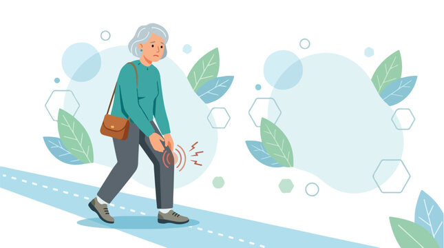 An elderly woman walks along a blue path with green leaves and geometric shapes in the background, clutching her knee in discomfort.