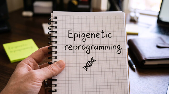 Hand holding spiral notebook with epigenetic reprogramming text and DNA drawing on desk with sticky notes