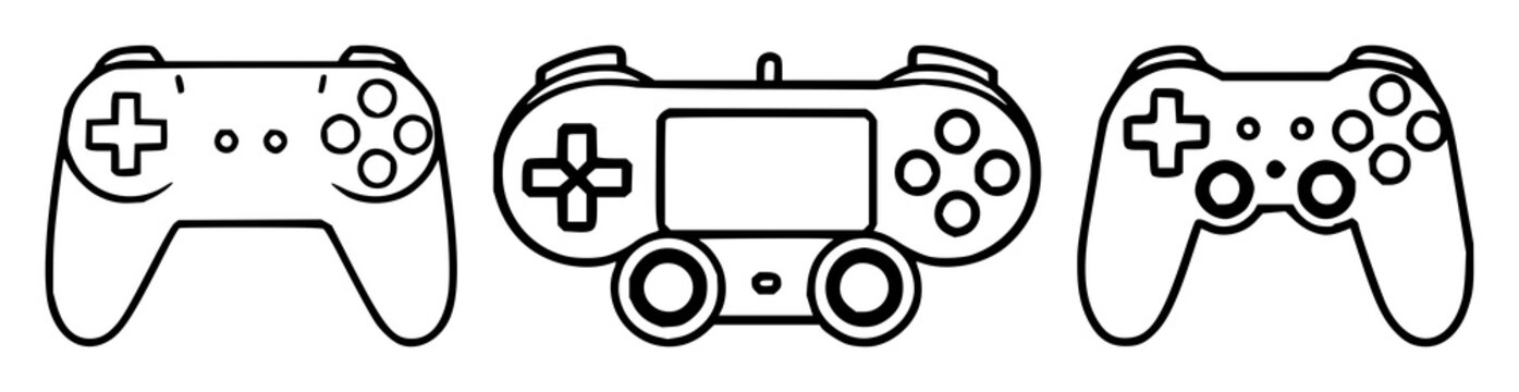 Gamepad set with simple black line art design featuring gaming, controller, video game with joystick and playstation