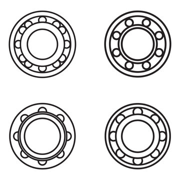 Set of four different line art ball bearing illustrations  various types of bearings  mechanical components  industrial parts