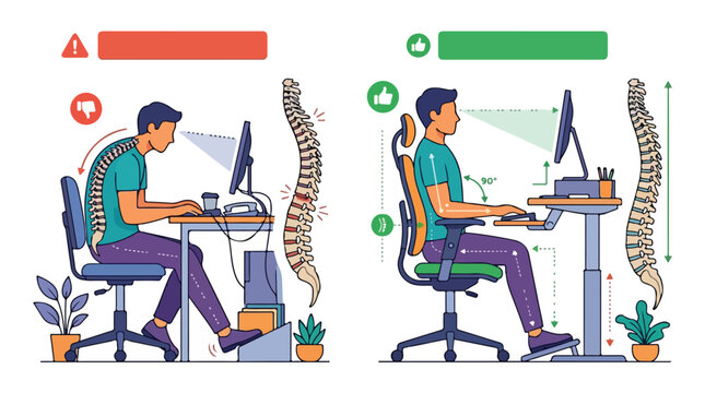 Infographic illustration comparing proper and improper sitting postures at a desk with a man in both correct and incorrect positions.