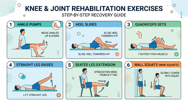 Infographic of six knee and joint rehabilitation exercises with step-by-step instructions on a clean white background with a health-focused mood.