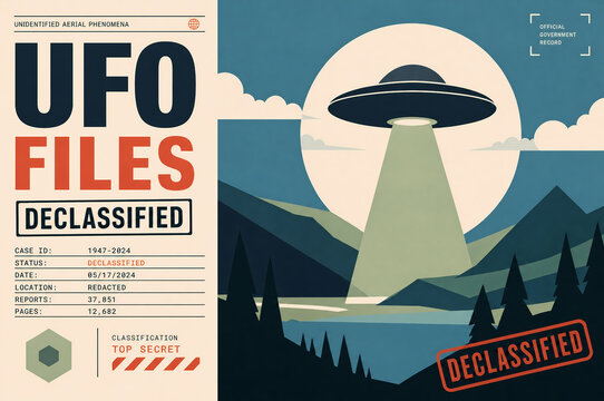 Declassified UFO files infographic with flying saucer over mountains