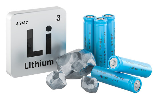 Periodic table sign for lithium element with metallic ore pieces and blue lithium-ion batteries isolated on white background.