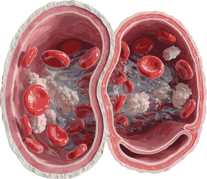Create a realistic Red blood cells and White blood cells leukocytes inside an artery, vein. Arterial cross-section blood flow, medical concept. 3d illustration vector art with white background..