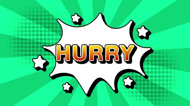 Hurry text word lettering popup comic cartoon reveal with bomb and smoke explosion manga anime book page dots with radial speed lines doodle teal background with seamless loop animation retro