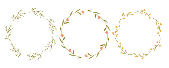 Floral wreath set with delicate flowers, twigs and leaves. Cute botanical circle frames isolated on a white background. Perfect for wedding invitations, logo, greeting cards and decorative designs. © lesyau_art