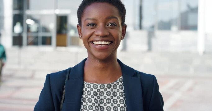 Commute, face or businesswoman in city with smile, optimism or morning travel in work routine. Happy, portrait and black person with laugh, employee journey or positive attitude at start of day.
