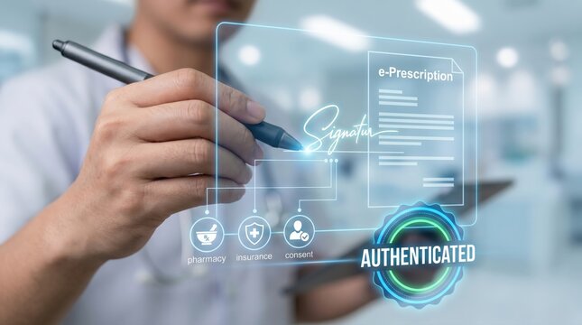 Digital Health and E-Prescription Concept: Hand with Stylus Signing Holographic Medical Interface with Pharmacy, Insurance, and Authentication Icons