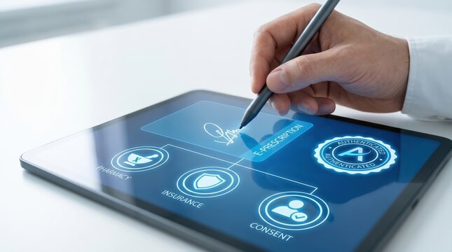 Digital Health and E-Prescription Concept: Hand with Stylus Signing Holographic Medical Interface with Pharmacy, Insurance, and Authentication Icons
