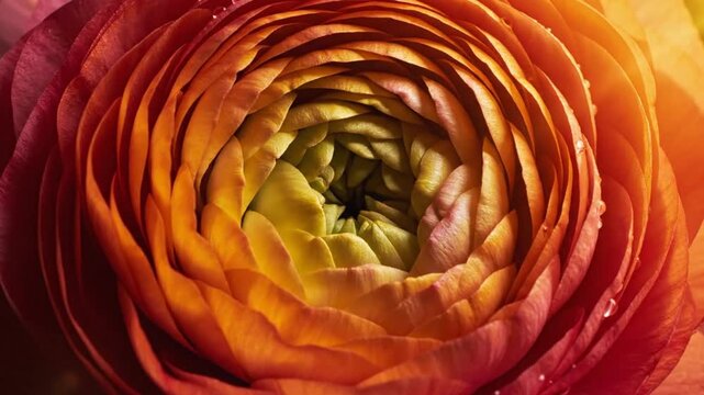 Vibrant orange ranunculus flower macro, blooming persian buttercup with layered petals, warm golden sunlight on spring floral blossom