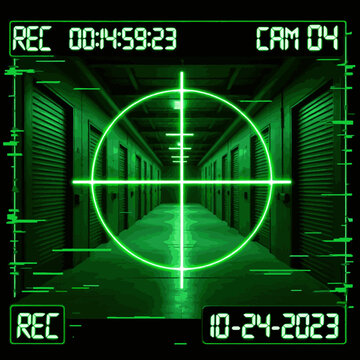 Create a realistic Green Night Vision Security Camera Screen with Static Glitch vector art 