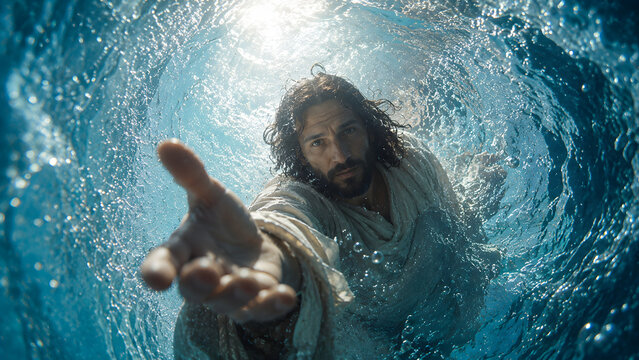 Jesus christ reaching out from underwater towards the viewer