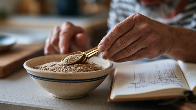 Hands examining grain bill beside notebook calculations on kitchen counter, home brewer recipe scaling for five-gallon batch, ingredient proportion mathematics, amateur craft beer