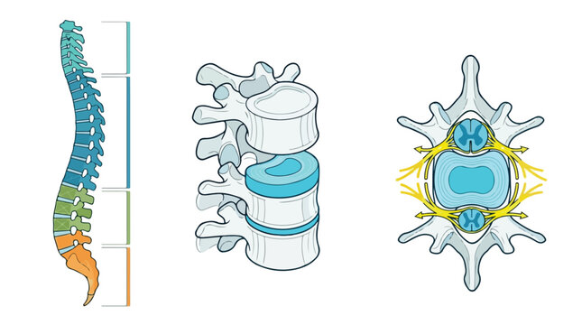 Detailed anatomical illustrations of the human spine, showcasing its structure from different angles and with various highlighting techniques.