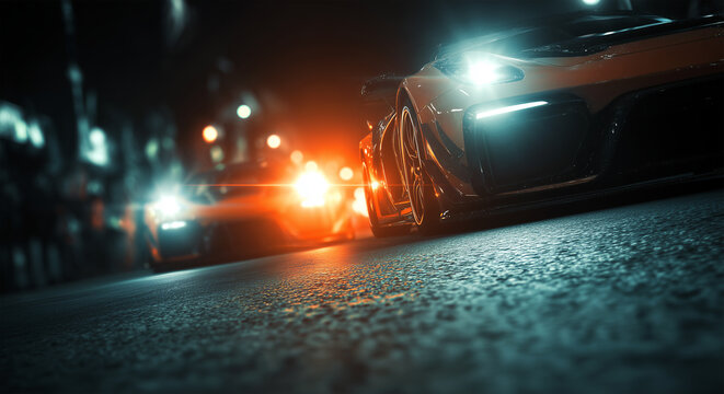 two racing cars from low angle view, dramatic perspective, headlights on, night scene, start of street race, cinematic lighting, asphalt reflections, intense 