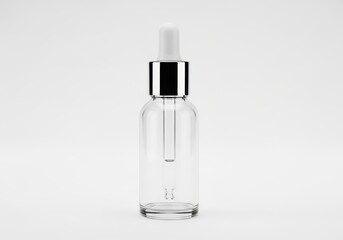 Naklejka premium Empty Clear Glass Dropper Bottle with Silver Cap and White Bulb Isolat