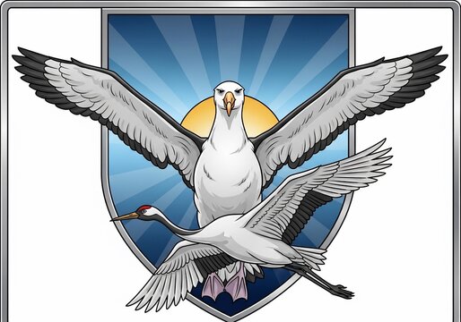 太陽を背景に、羽ばたく鳥たちの勇壮なイラスト