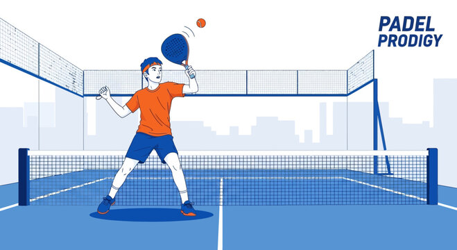 Young Athlete Displays Padel Skills During Playful Match on Court in a Vector Illustration