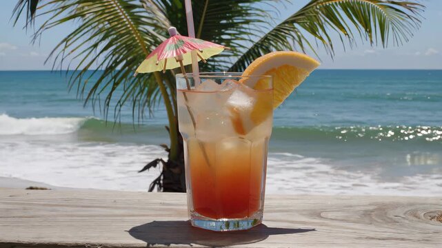 Refreshing Tropical Tequila Sunrise Cocktail on Beach Background. Seamless looping 4k video background