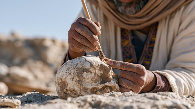 Human evolution fossil discovery in arid Ethiopian highland excavation site, paleoanthropologist brushing sediment from ancient skull fragment, archaeological dig, field science,