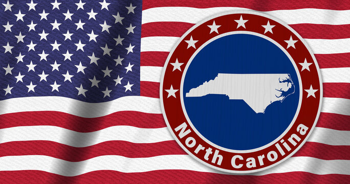 North Carolina map with stars on a US red, white and blue road sign