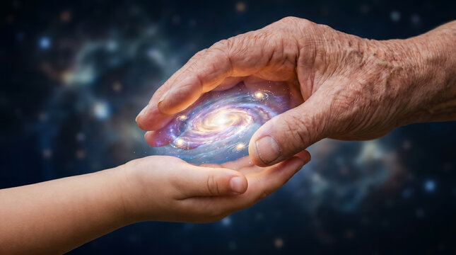 elderly hand passing universe wisdom to child hand glowing legacy transfer with spiral galaxy symbolizing cosmic knowledge imagination destiny guidance limitless future and discovery