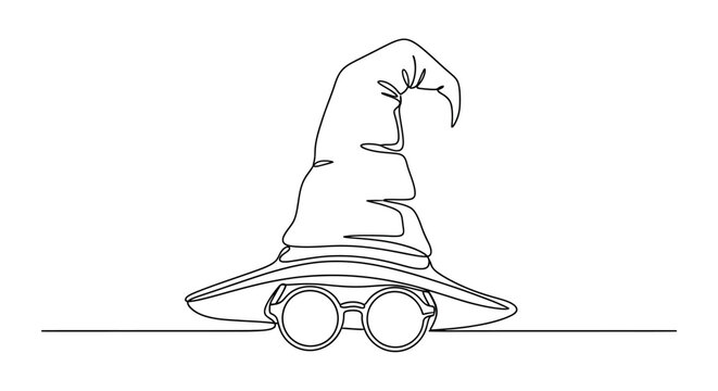 Magical Sorting Hat and Round Glasses, One Line Drawing, Fantasy Concept