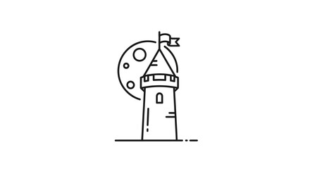 Minimalist castle tower icon with moon and flag on white background, line art © Ahmad