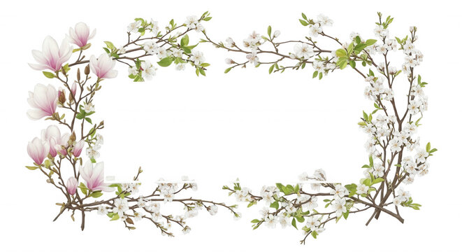 Rectangular floral frame with pink magnolia blossoms and white cherry blossom branches arranged on a solid black background