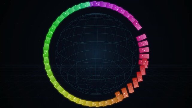 Abstract colorful dominoes forming a circle around a wireframe globe