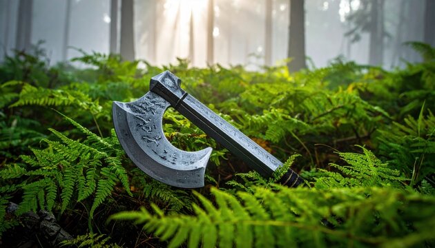 Ancient sharp steel halberd head with curved axe blade and pointed tip resting on a lush bed of vibrant green ferns within a misty cinematic forest, capturing a mysterious and epic mood.