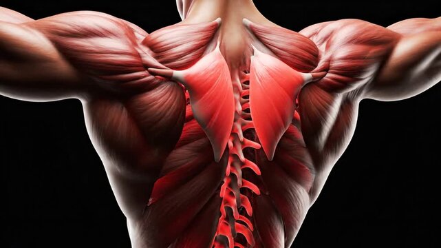 Detailed 3D illustration of human back muscle anatomy and spine on a black background