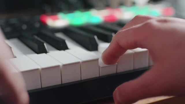 Finger pressing a key on a piano in a dimly lit room during a music session
