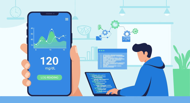 Diabetes monitoring app on smartphone with data analysis and coding in background