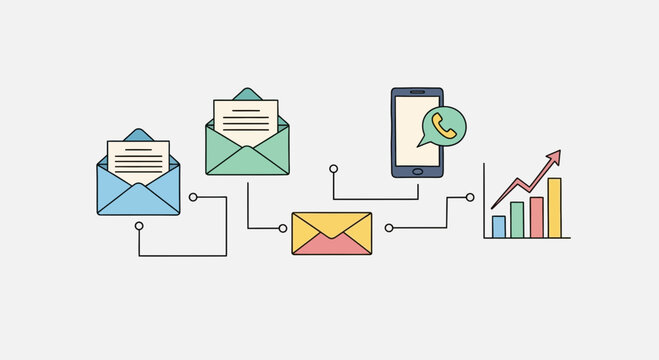 Digital communication flow: email, messaging app, and business growth chart