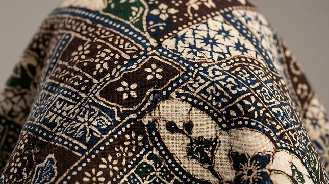 Close-up of traditional Indonesian batik fabric featuring intricate floral and geometric patterns in earthy brown and blue tones with authentic textile texture
