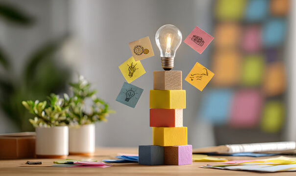 light bulb stands behind colorful wooden cubes