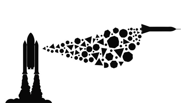 A black silhouette of a rocket launching and emitting geometric shapes that transform into a small airplane flying away on a white background.