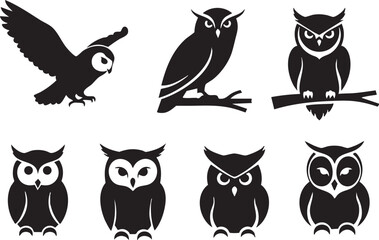 Fototapeta premium Set of owl silhouettes featuring flying and perching positions for forest wildlife and nocturnal animal graphic designs, predator