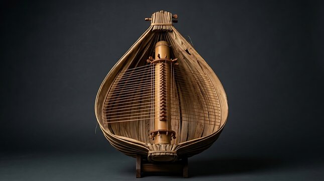 Traditional Indonesian Sasando musical instrument handcrafted from bamboo and palm leaf with studio lighting on dark background